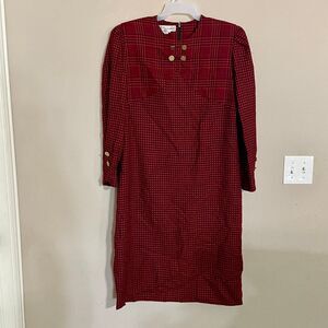 Size 16 Adele Simpson Dress Black Houndstooth Plaid Long Sleeve Wool Shift Dress